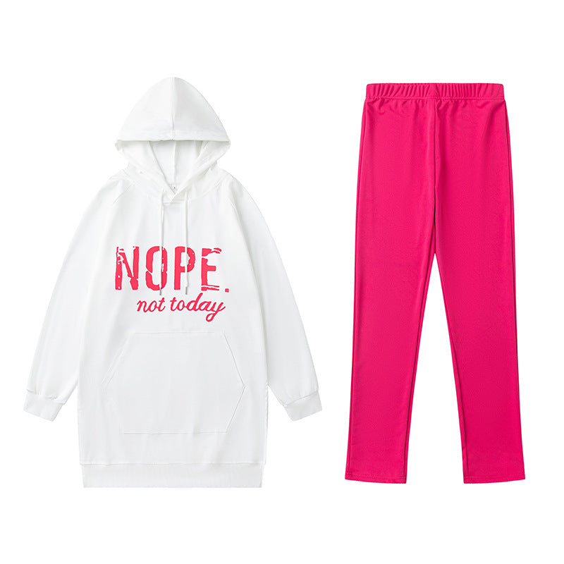 Letter Print Pocket Slit Casual Long Sleeve Hooded Casual Set