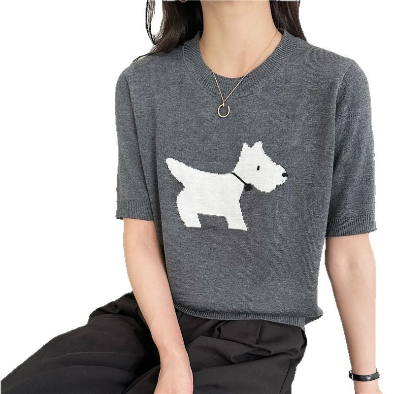 Puppy Jacquard Design Gray Loose Base Knitting Short Sleeve