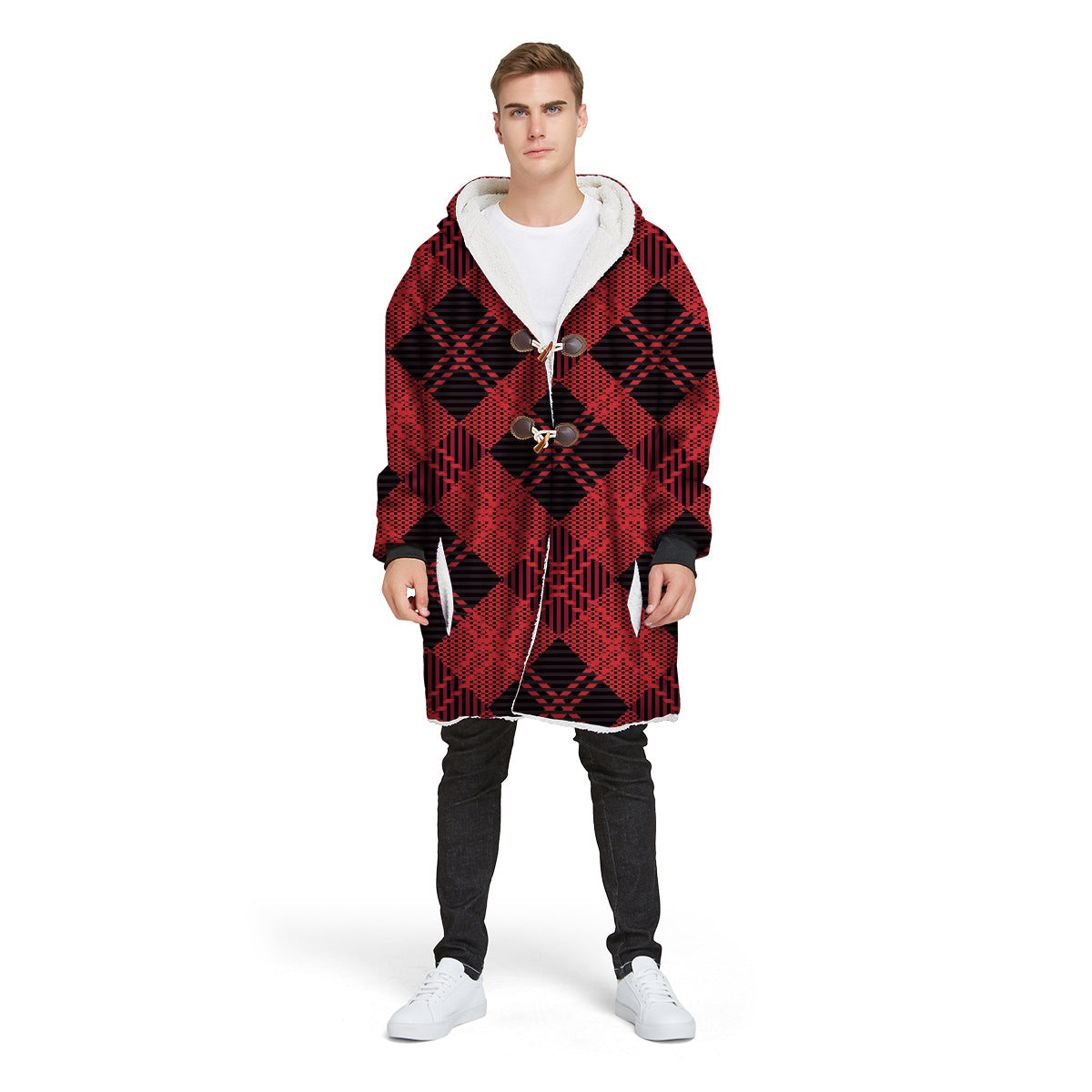 Fashion Plaid Men's Digital Printed Long Hooded Jacket