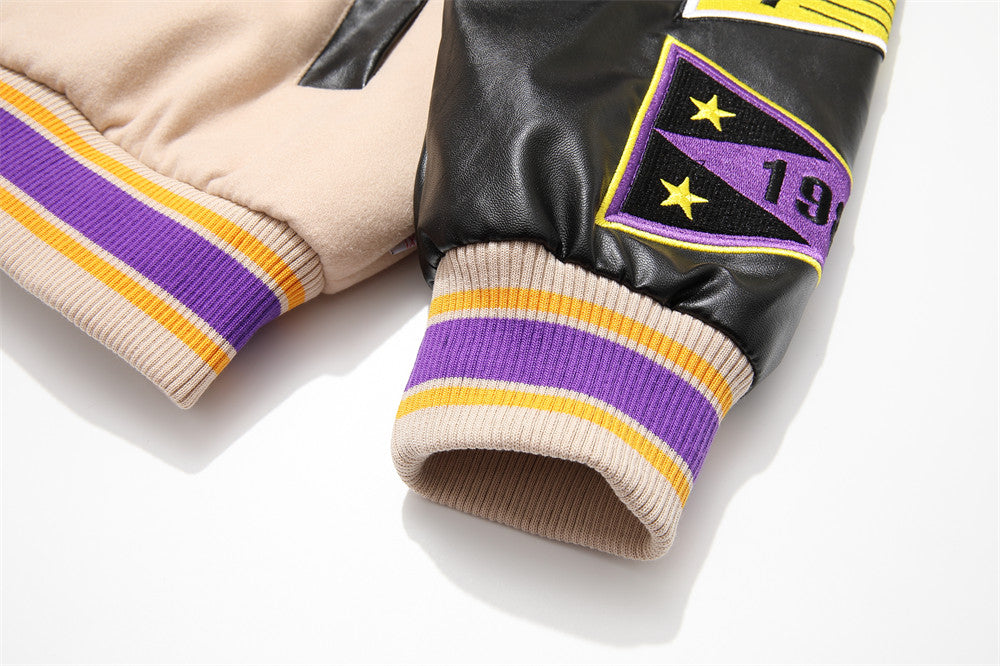 Letter Machine Embroidery Baseball Uniform Men's Hip Hop Stitching PU Leather Jacket