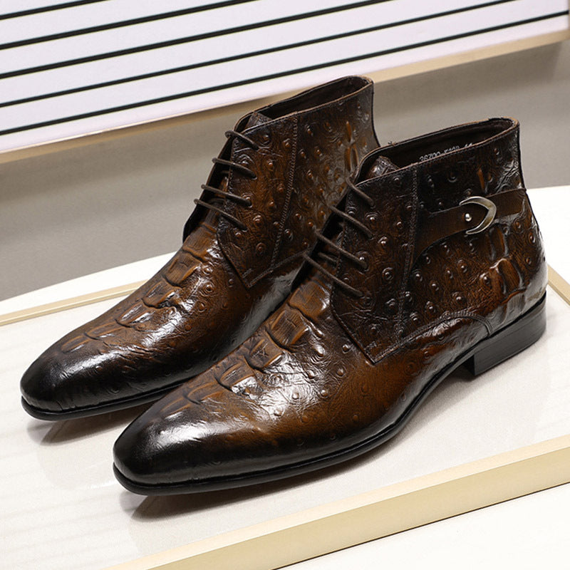 Business Casual Nude Boots British Leather Breathable High-top Pattern Embossed Lace