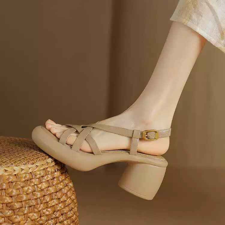 Retro Soft Leather High Heel Sandals For Women Platform Open Toe