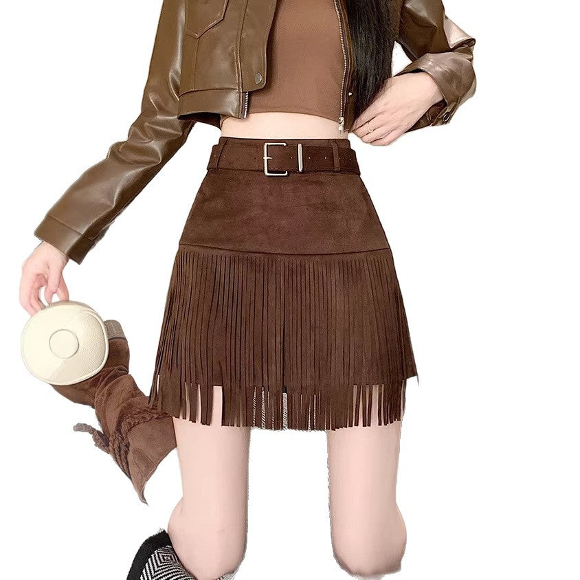 Retro Chic Suede Fringe Skirt For Women