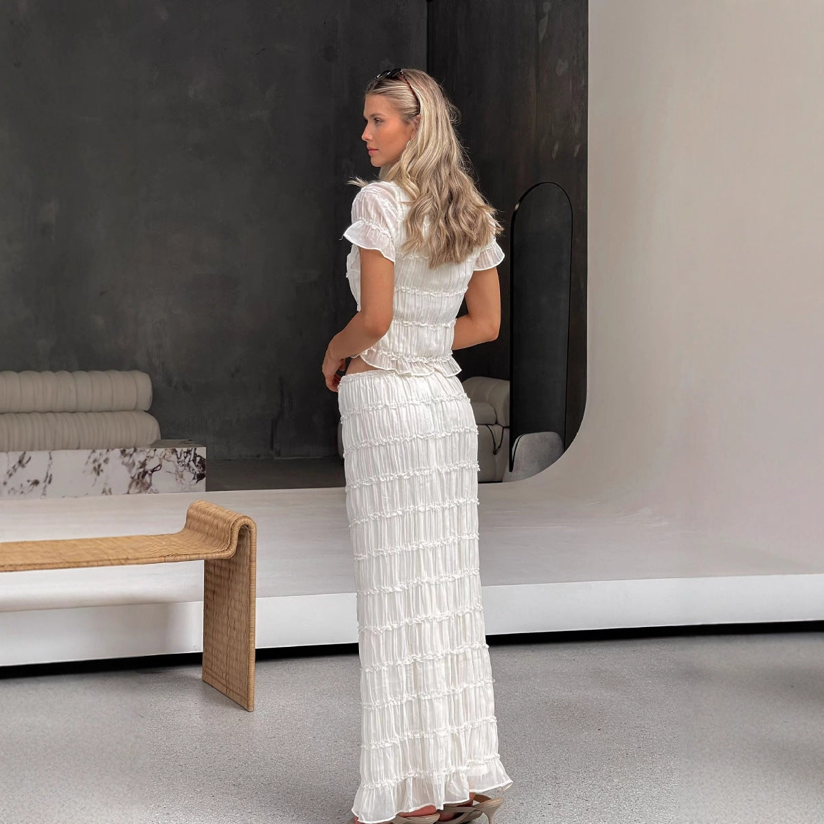 Ruffle-edged Chiffon Pleated Maxi Dress Two-piece Set