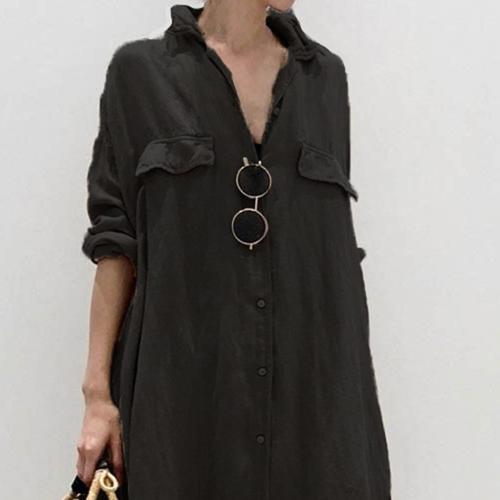 Women's New Solid Color Cardigan Long Shirt Dress