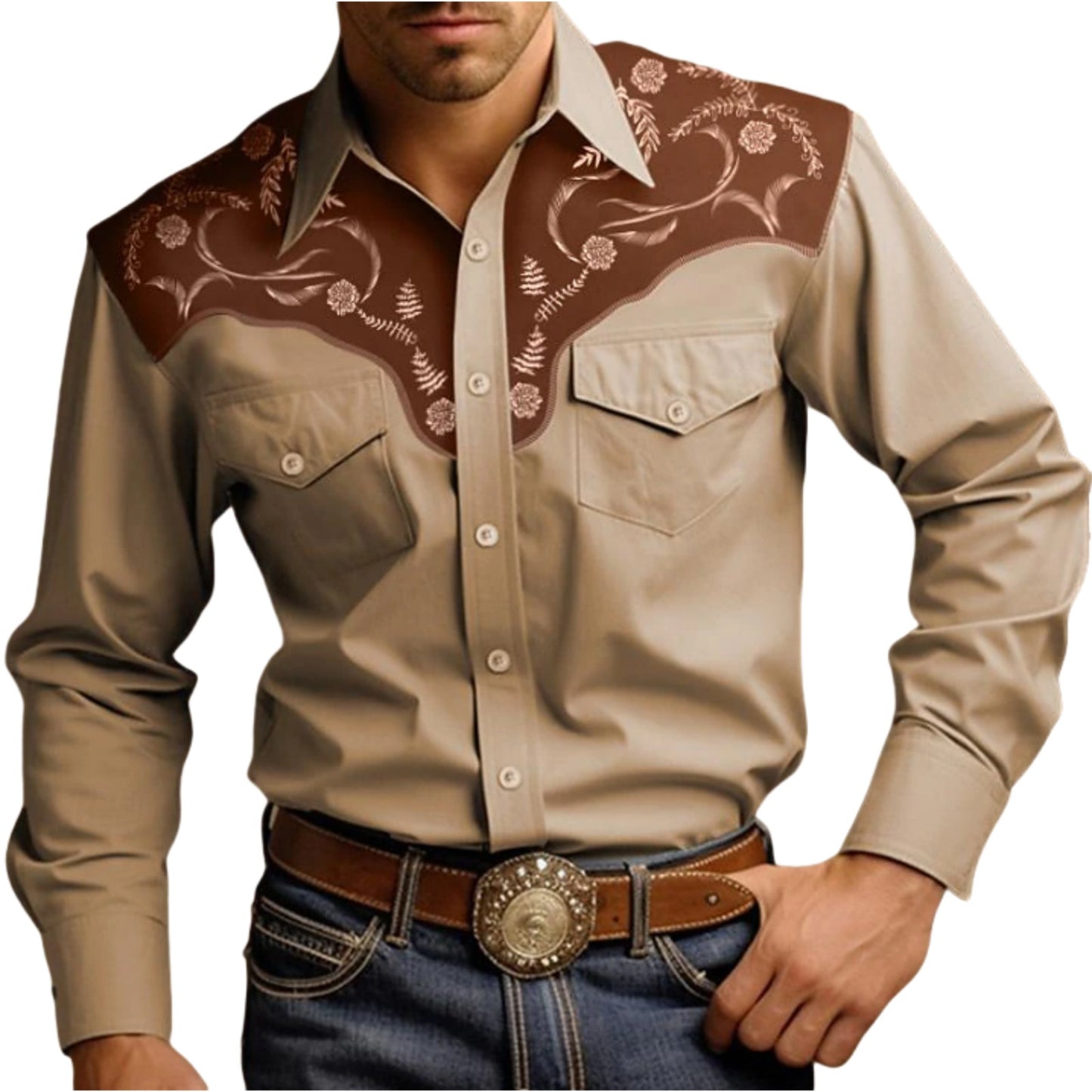 Mens Stylish Western-style Long-sleeve Shirt Top