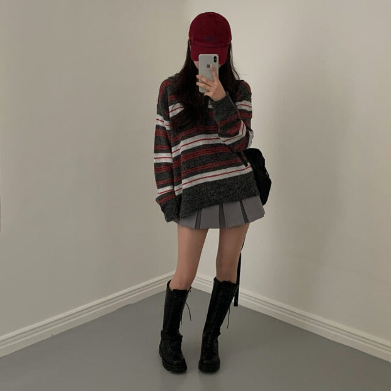 Contrast Color Loose Long Sleeve Striped Sweater Sweater