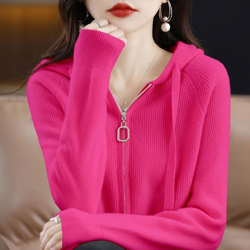 Womens Loose-Fit Zip-Up Hooded Outer Sweater