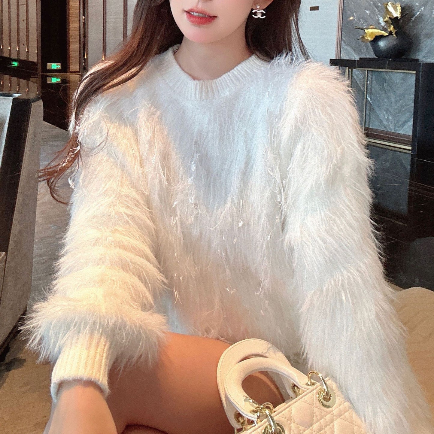 Sweet Style Mink Fur Pullover Highlight Strip Sweater For Women