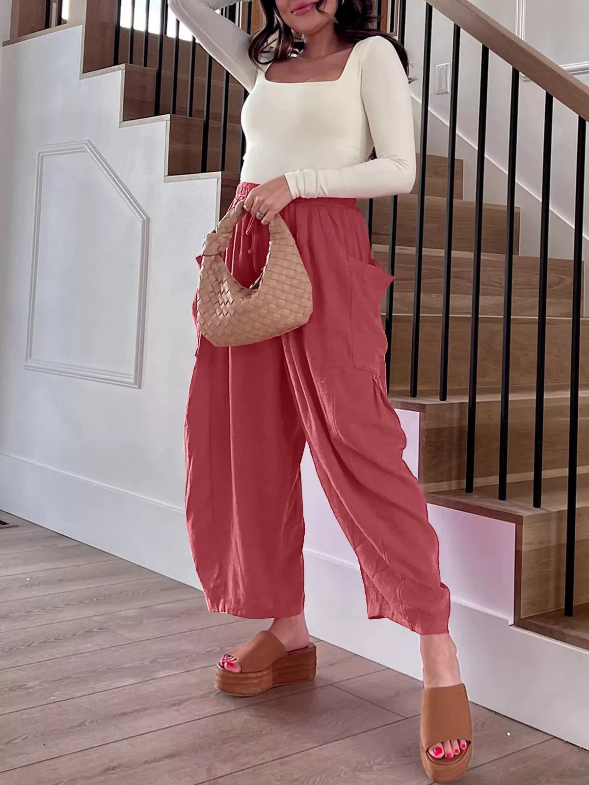 Elastic Waistband Pocket Casual Pants