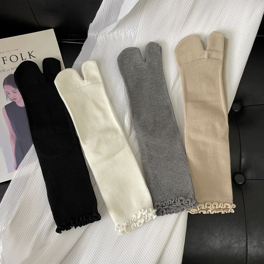 Split Toe Wooden Ear Double Needle Thin Sprout Solid Color Mid-calf Length Socks Bunching Socks Artistic Women's Socks