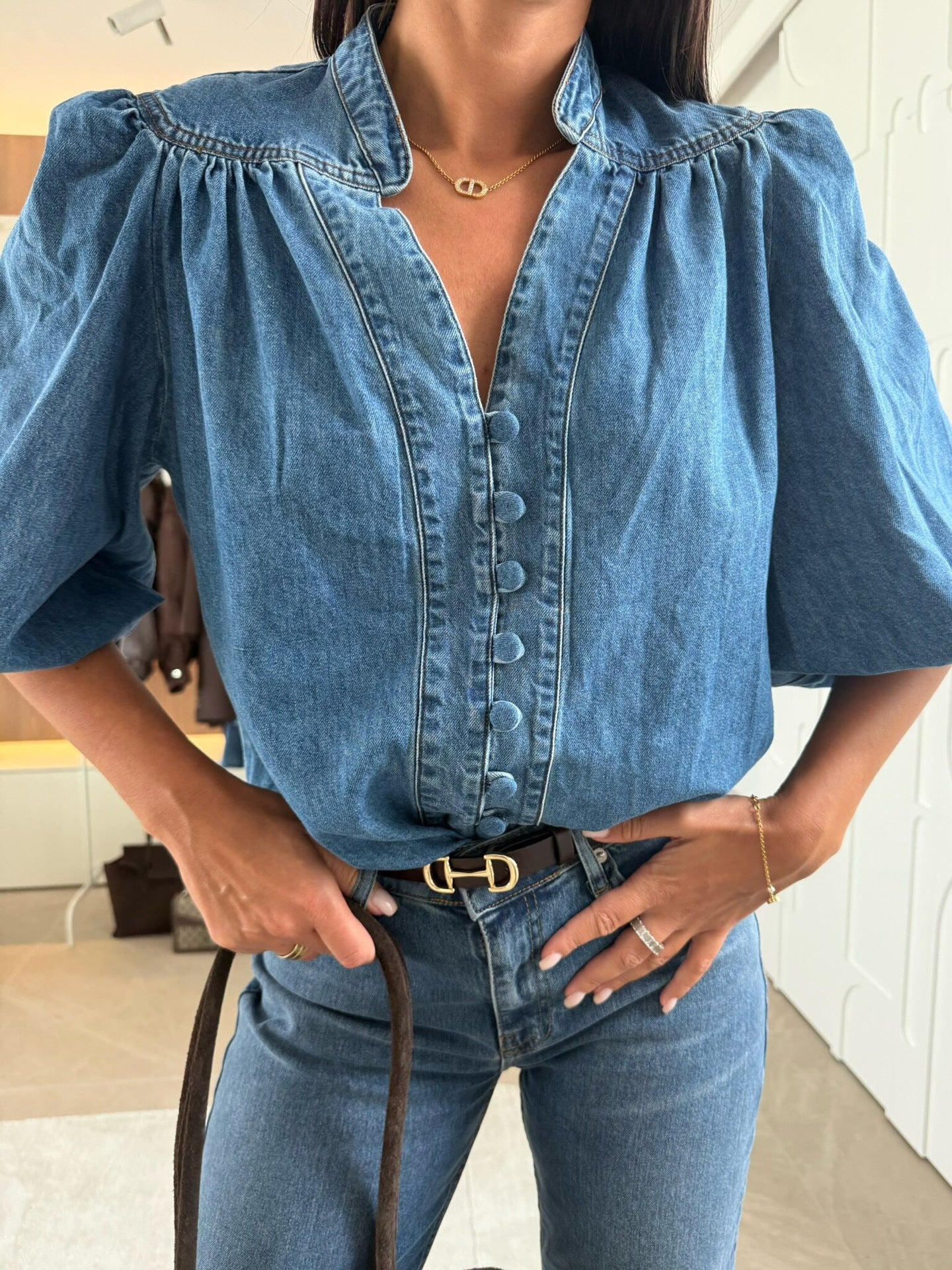 New Arrival Fashionabl Casual Retro Denim Shirt With Puffed Sleeves And V-Neck