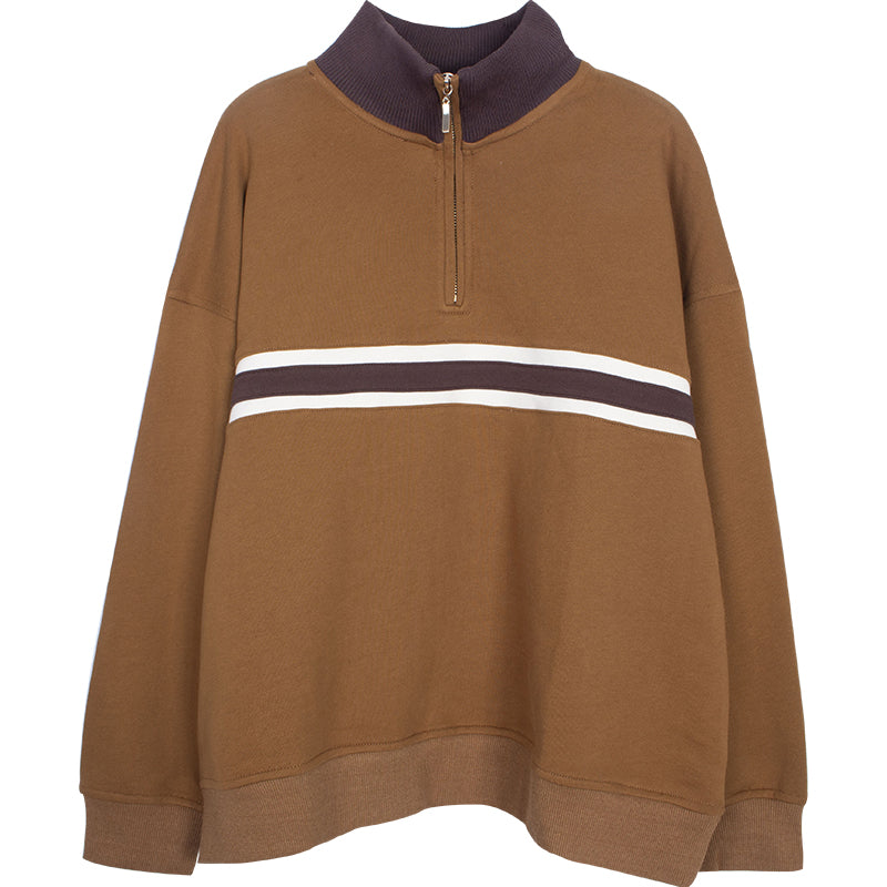 Women's American Retro Brown Patchwork Hoodless Stand Collar Pullover Sweatshirt