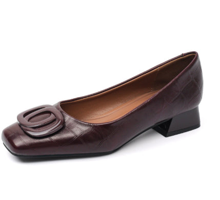 Womens Retro Square-Toe Leather Shoes Low-Heel Chunky-Heel Pumps