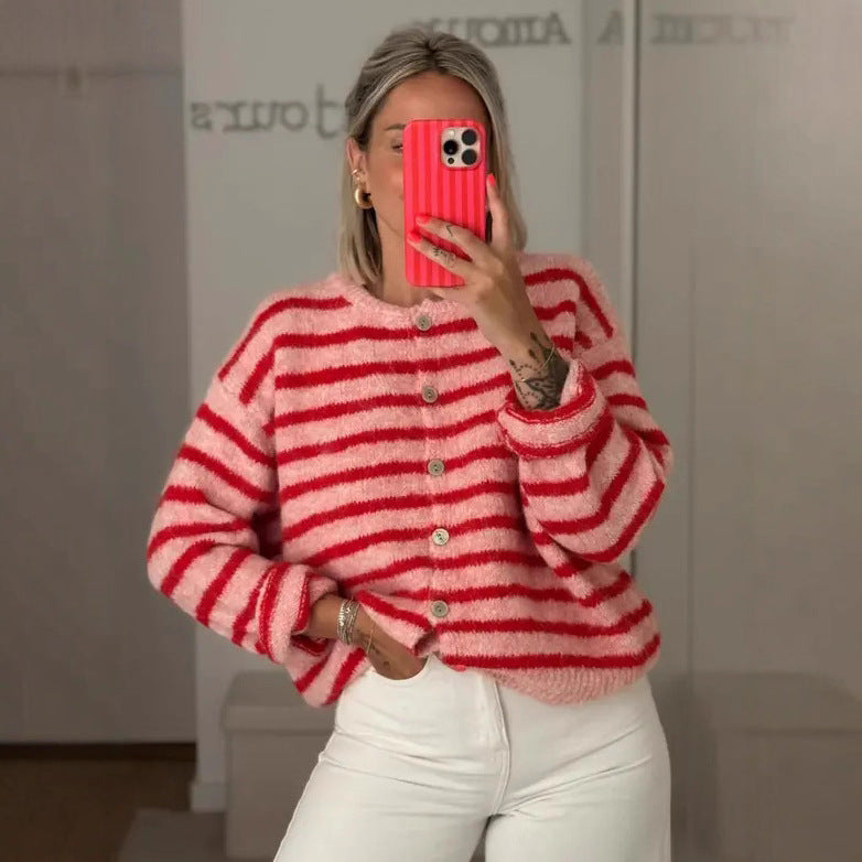 Long Sleeve Striped Color Block Women's Fashion Round Neck Casual Sweater