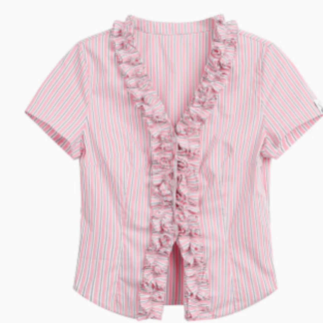Lace Pleated Patchwork Waist Cinching  Short Sleeved Shirt