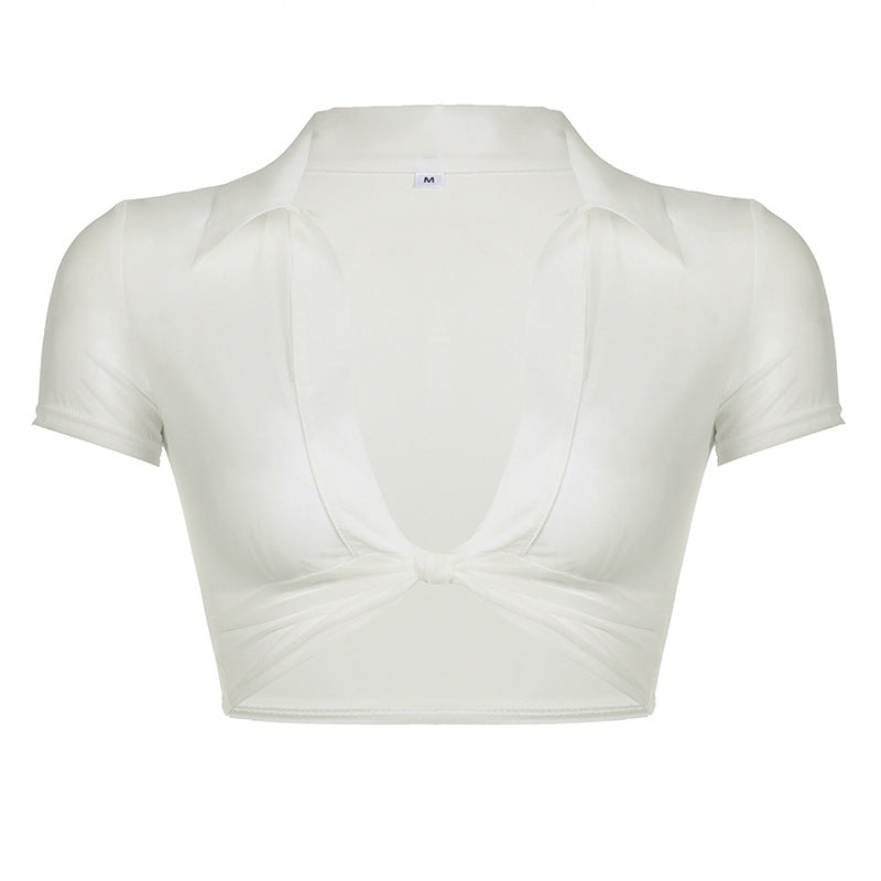 Chiffon See-through Light Lapel Deep V Twisted Super Short Navel Personality Hot Girl Pullover Shirt For Women