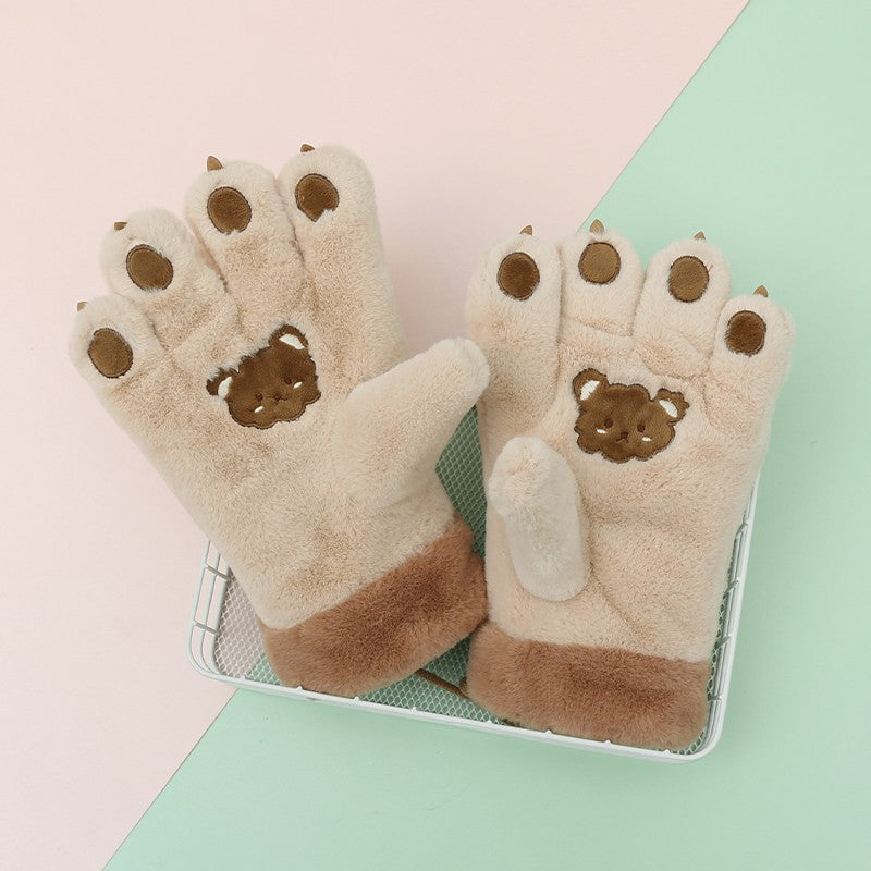 Cute Cartoon Bear Claw Plush Gloves Female Winter Warm Fleece-lined Thickened Hand-shaped Brush Road Bike Skiing