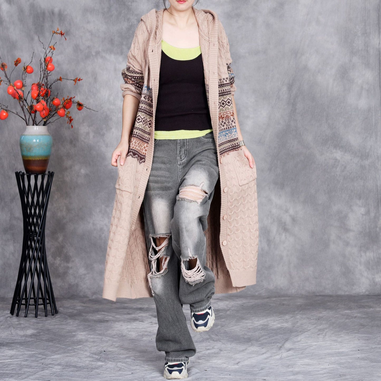 Retro Artistic Knitted Cardigan Woven Flower Long Hooded Overknee Sweater Coat