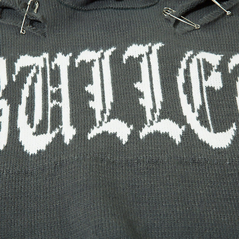 Fake Two-piece Color Matching Turtleneck Letter Cut Ripped Sweater