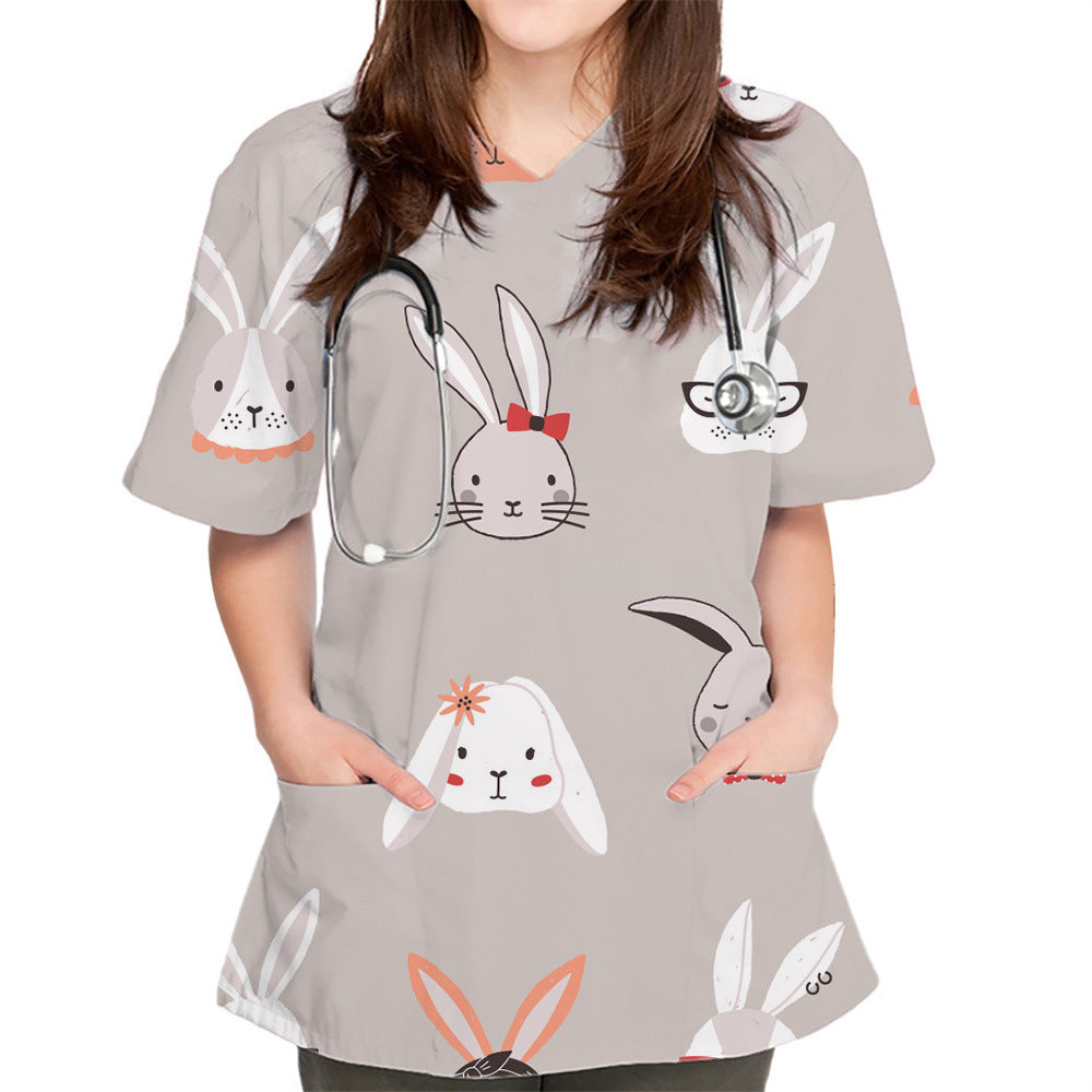 V-neck Cute Plain Pattern Series 3D Cloth For Nursing Workers