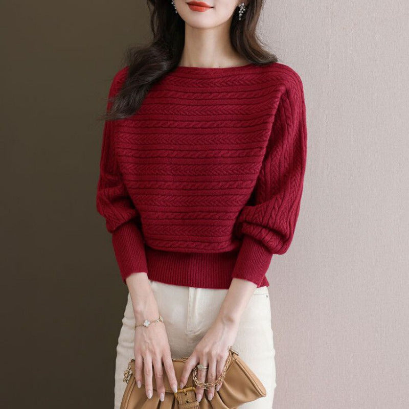 Autumn And Winter Boat Collar Loose-fitting Batwing Sleeve Shirt Knitted Top