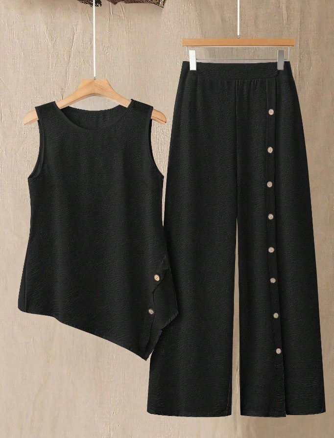 Simple Casual Daily Wear Sleeveless Top And Long Pants Set