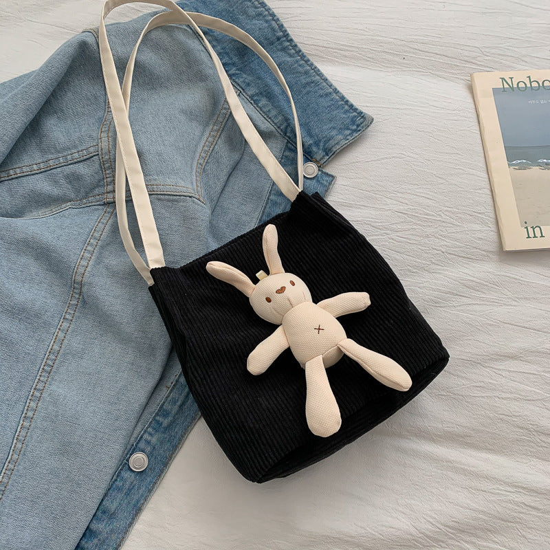 Student Cartoon Cute Rabbit Corduroy One-shoulder Messenger Bucket Bag