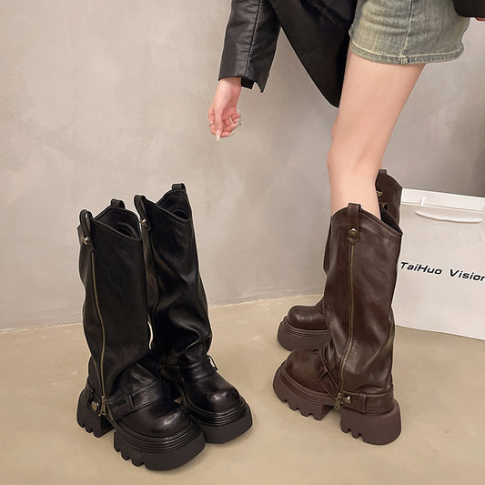 Thick Bottom Below The Knee Long Boots Female High Pants