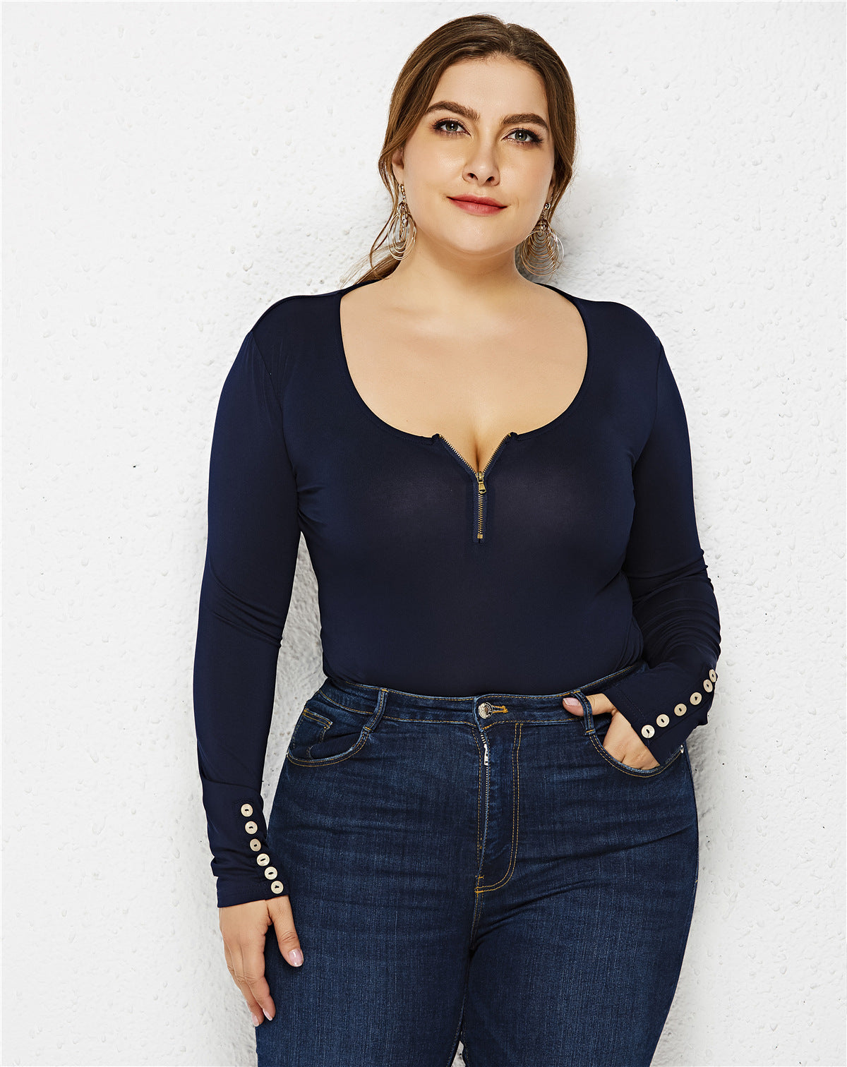 Long Sleeve Round Neck Zipper Bodysuit Fashion  Bottoming Shirt