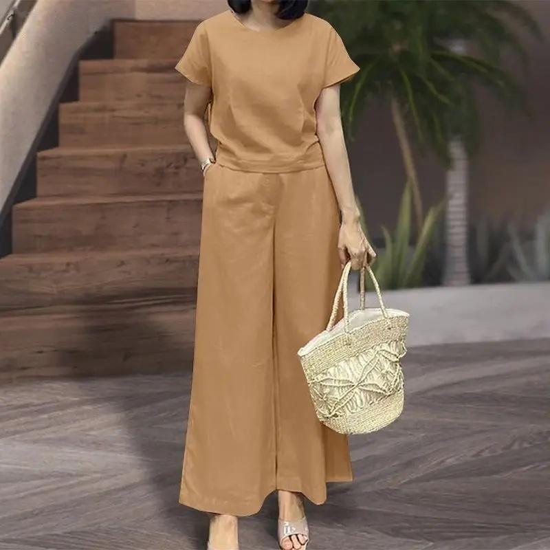 Womens Short-Sleeve Sporty Casual Set Cropped Loose Top And Cropped Pants Two-Piece Set