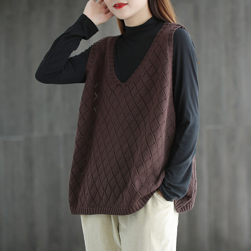 Womens Retro Loose-Neck Hollow-Out Knitted Vest