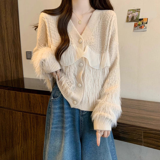 Knitted Cardigan Fringe Collar Temperament Sweater Coat
