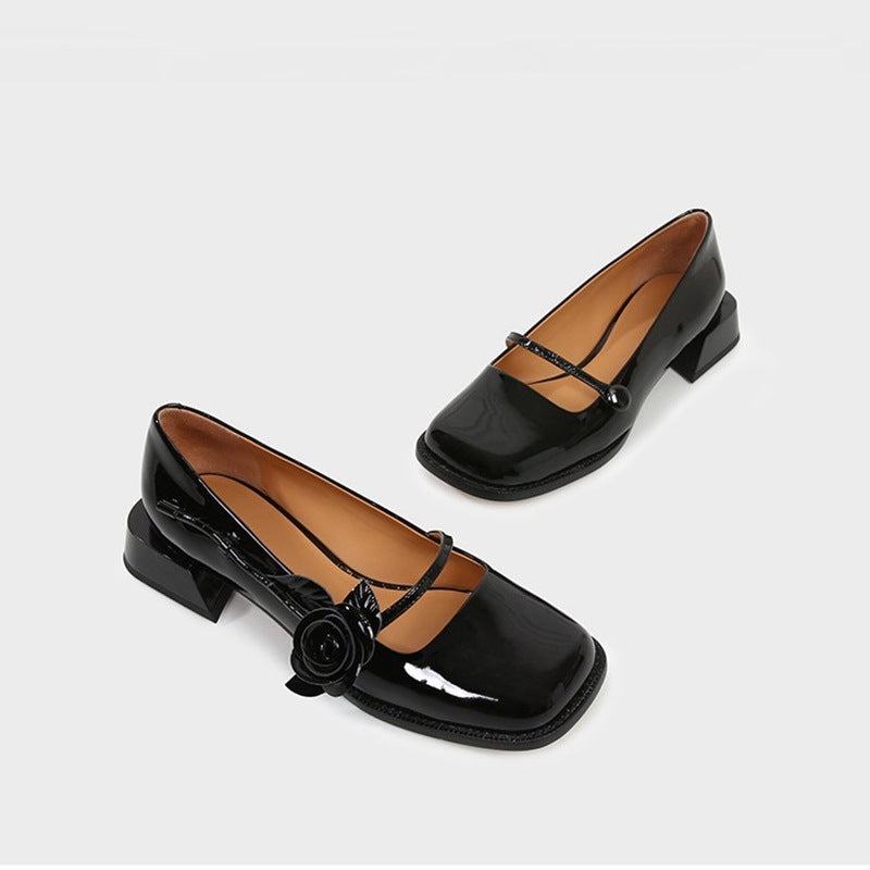 Women's Low Heel Square Toe Vintage Patent Leather Shoes