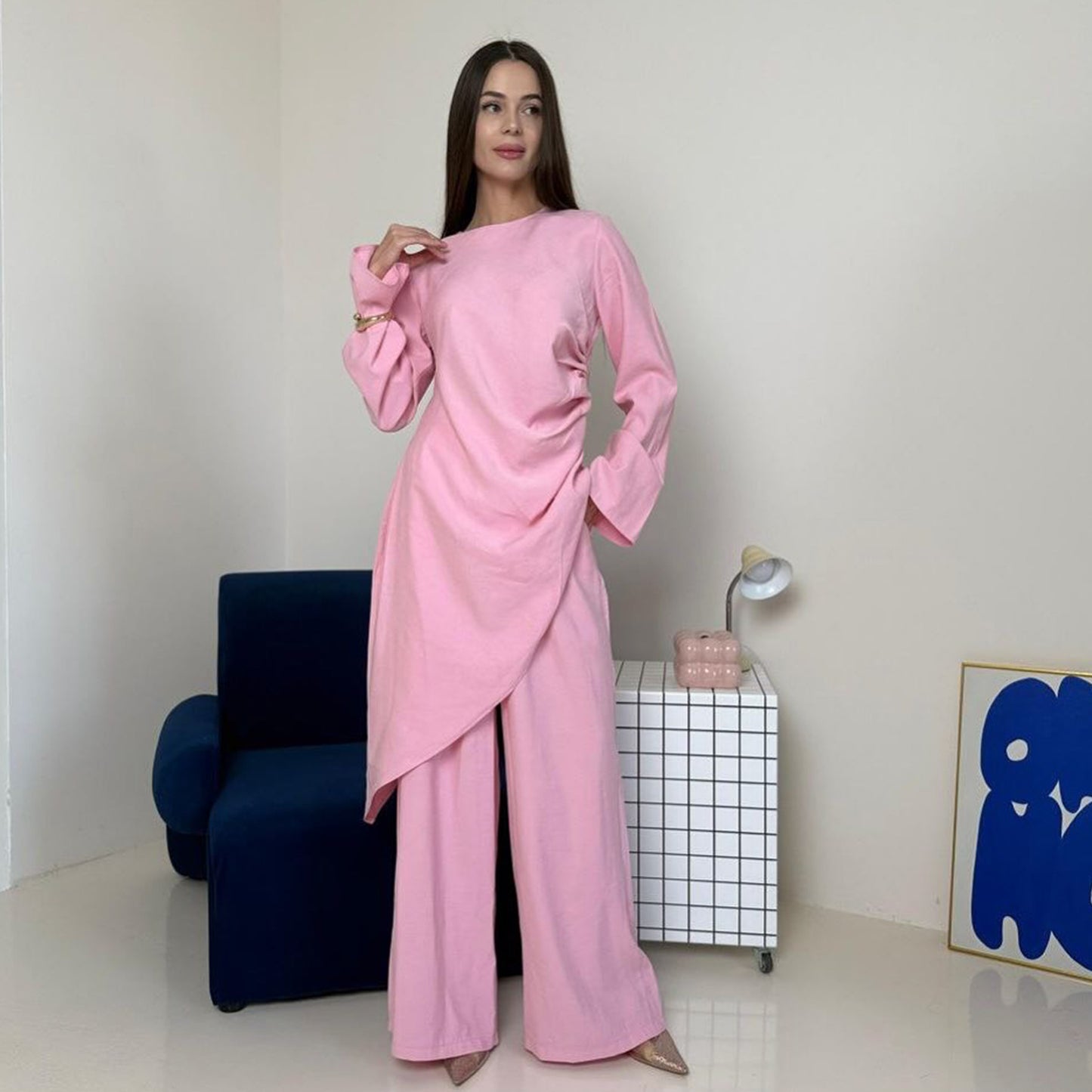 Women's Solid Color Casual East Long Shirt Two-piece Pants