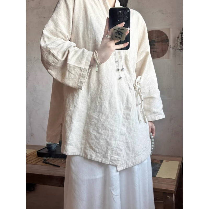 New Chinese-style Zen Tea Clothing With Tie-up Top In Cotton And Linen