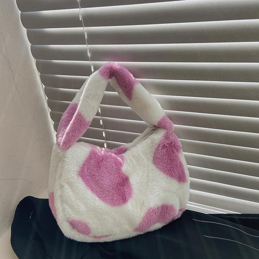 Japanese Ins Black Love Heart Simplicity Cute Winter Plush Bag