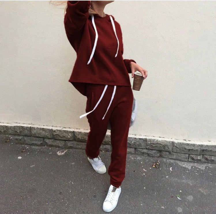 Solid Color Women's Hooded Irregular Sweatshirt Suit Two-piece Set