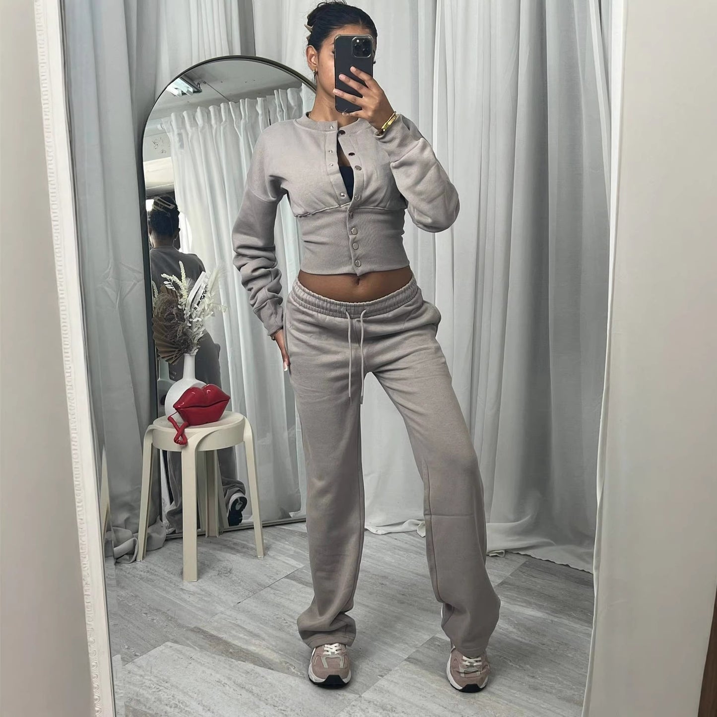 Springautumn New Casual Set Solid Color Buttoned Up