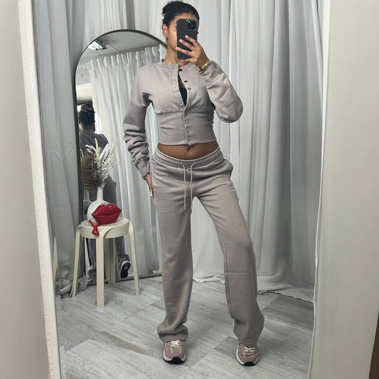 Springautumn New Casual Set Solid Color Buttoned Up