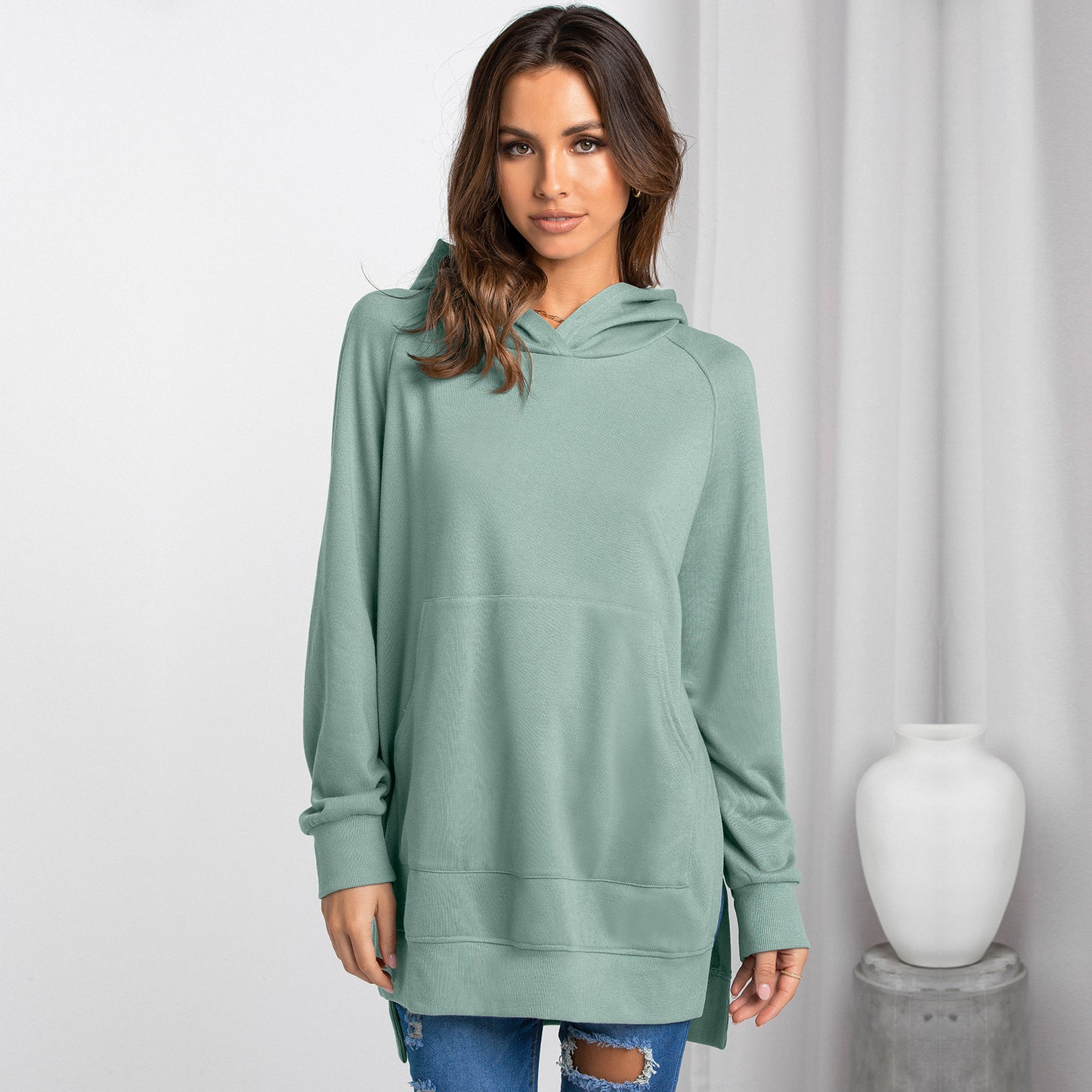 Women's Fashion Hooded Pullover Solid Color Sweatshirt Top