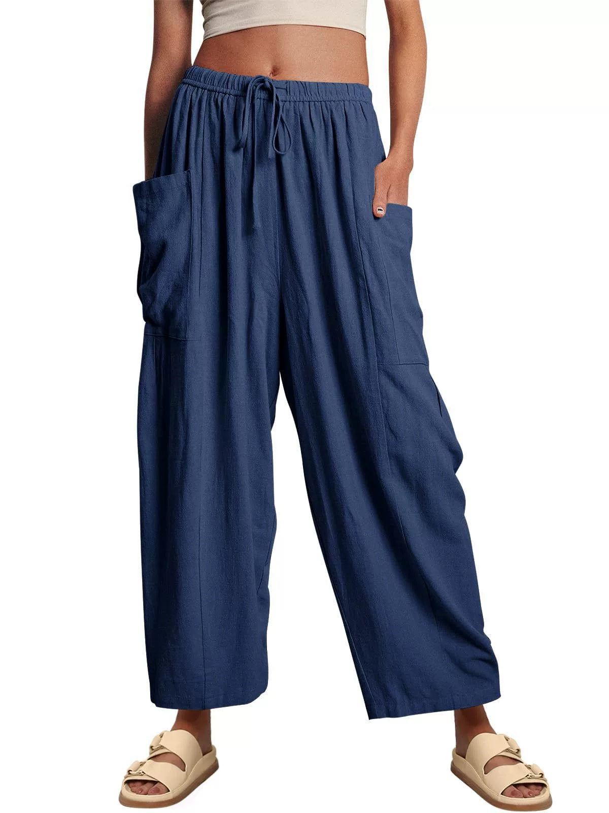 Elastic Waistband Pocket Casual Pants