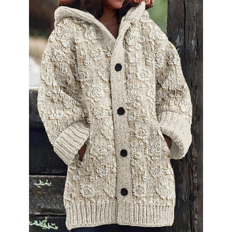 3D Printed Autumn Winter Coat Thickened Hooded Cardigan Sweater