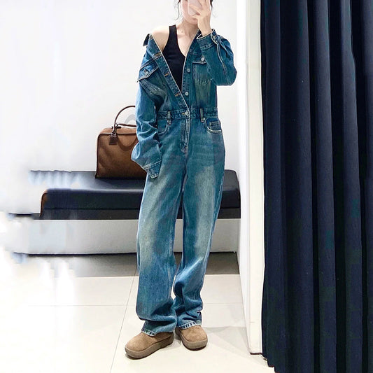 Retrovasket jumpsuit med høj talje og lige ben til kvinder