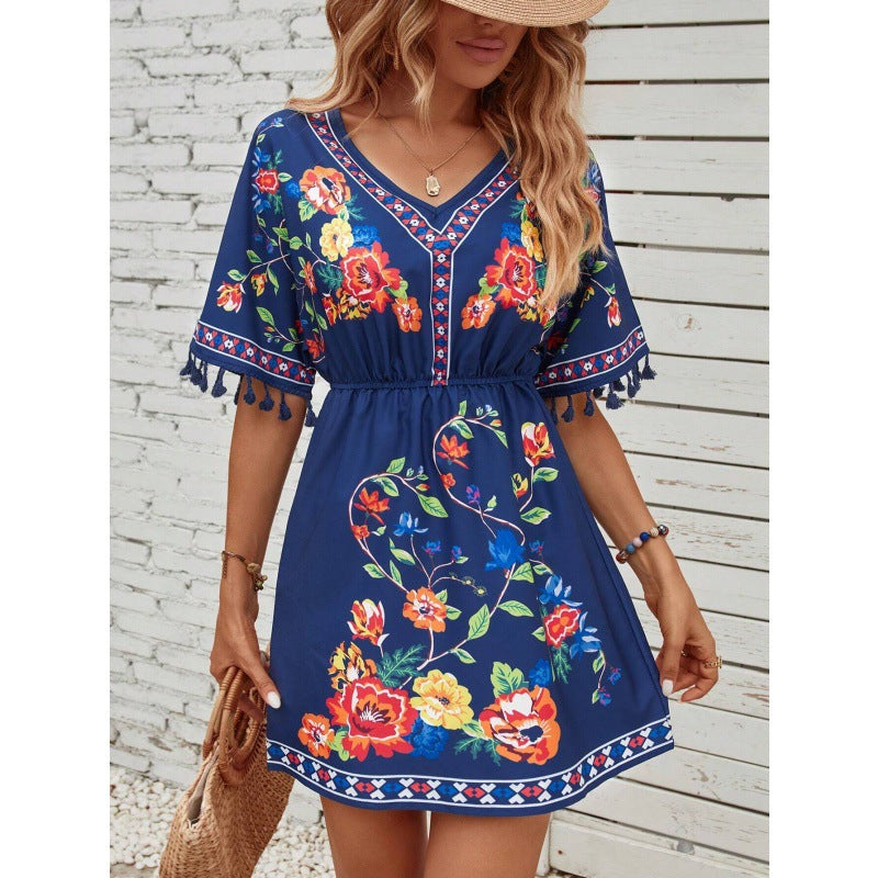 Bohemian Retro Ethnic Print Temperament Waist-controlled Slimming And Short Holiday Dress