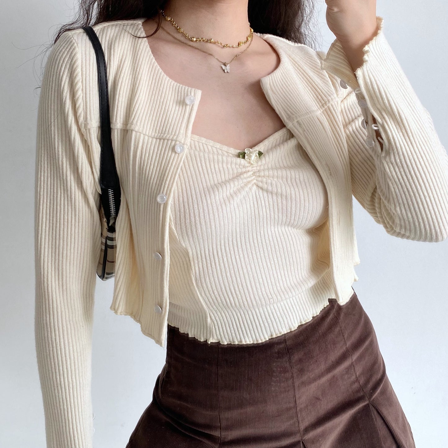 Retro Cute Flower Sling Rib Knit Cardigan Women's Suit