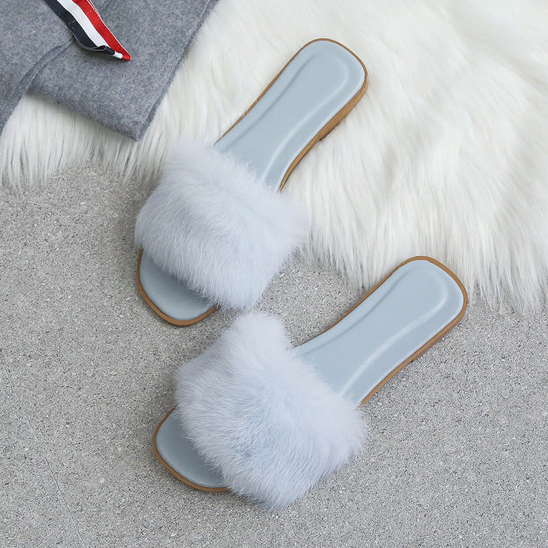 Fashion Rabbit Fur Flat Women's Slippers Plus Size