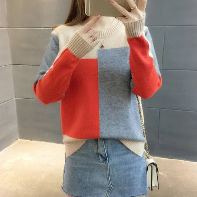 Candy-colored Pullover Women's Color Matching Long-sleeved Sweater