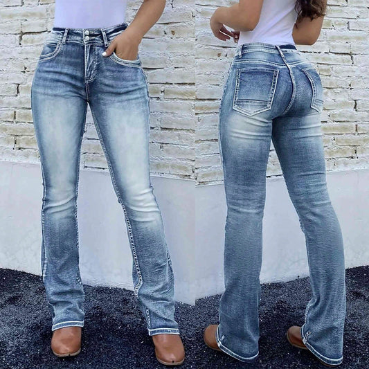 Retro Stretch Cowboybukser med Broderi, Lommer og Patchwork-effekt i Vasket Denim