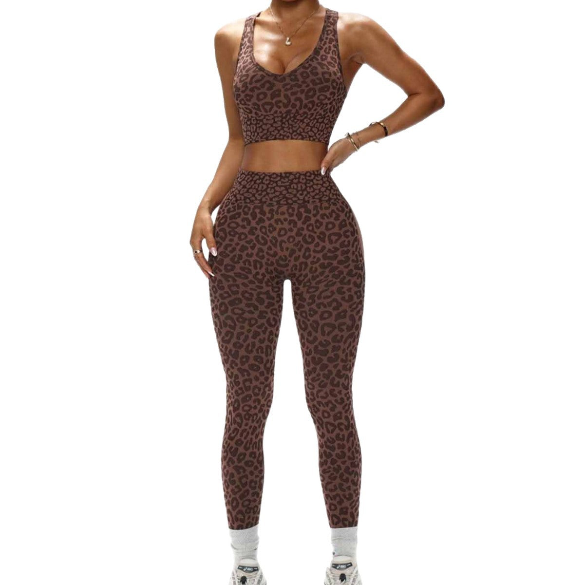 Leopard-Print Seamless Yoga Bra And Peach-Butt Leggings Set